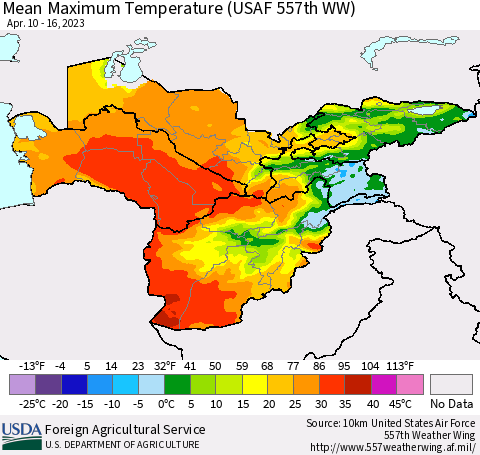 Central Asia Mean Maximum Temperature (USAF 557th WW) Thematic Map For 4/10/2023 - 4/16/2023