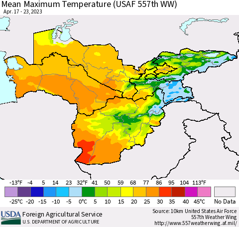 Central Asia Mean Maximum Temperature (USAF 557th WW) Thematic Map For 4/17/2023 - 4/23/2023
