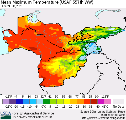 Central Asia Mean Maximum Temperature (USAF 557th WW) Thematic Map For 4/24/2023 - 4/30/2023
