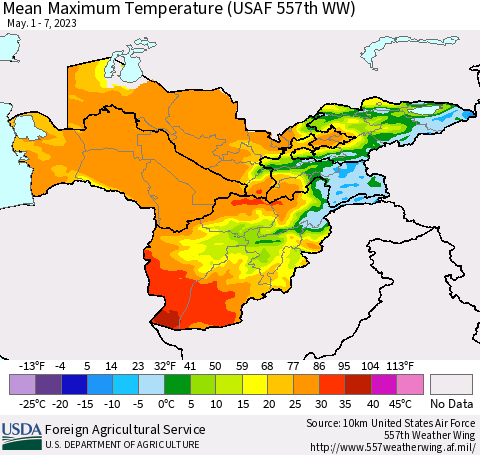 Central Asia Mean Maximum Temperature (USAF 557th WW) Thematic Map For 5/1/2023 - 5/7/2023