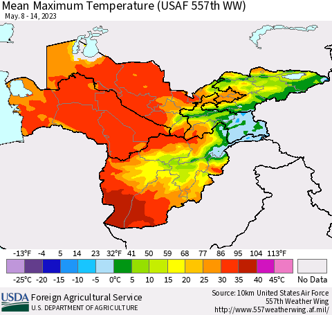 Central Asia Mean Maximum Temperature (USAF 557th WW) Thematic Map For 5/8/2023 - 5/14/2023