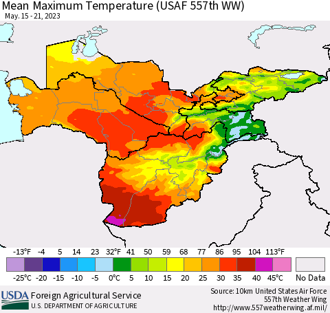 Central Asia Mean Maximum Temperature (USAF 557th WW) Thematic Map For 5/15/2023 - 5/21/2023