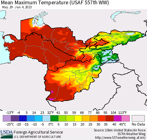 Central Asia Mean Maximum Temperature (USAF 557th WW) Thematic Map For 5/29/2023 - 6/4/2023
