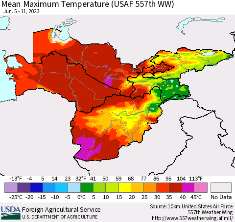 Central Asia Mean Maximum Temperature (USAF 557th WW) Thematic Map For 6/5/2023 - 6/11/2023