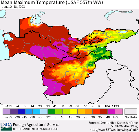 Central Asia Mean Maximum Temperature (USAF 557th WW) Thematic Map For 6/12/2023 - 6/18/2023