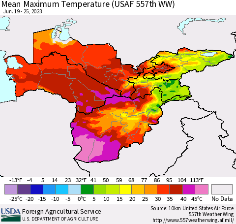 Central Asia Mean Maximum Temperature (USAF 557th WW) Thematic Map For 6/19/2023 - 6/25/2023
