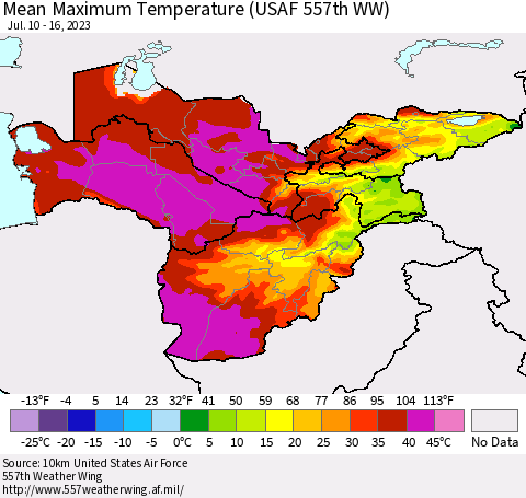 Central Asia Mean Maximum Temperature (USAF 557th WW) Thematic Map For 7/10/2023 - 7/16/2023