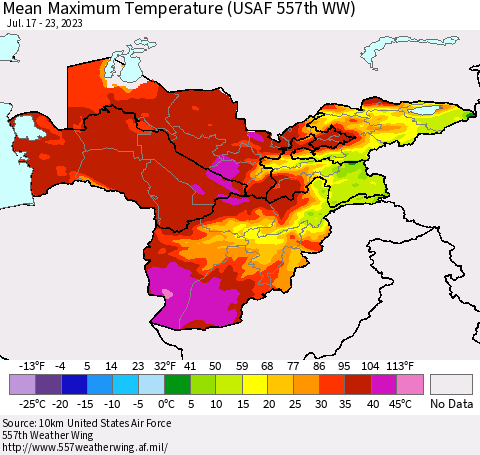 Central Asia Mean Maximum Temperature (USAF 557th WW) Thematic Map For 7/17/2023 - 7/23/2023