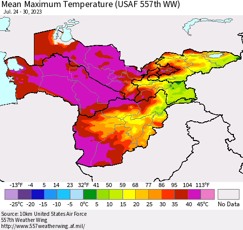 Central Asia Mean Maximum Temperature (USAF 557th WW) Thematic Map For 7/24/2023 - 7/30/2023