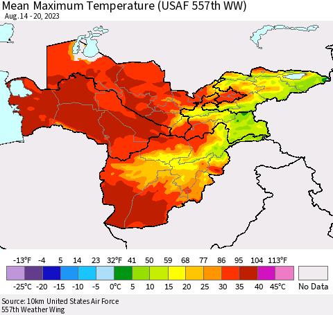 Central Asia Mean Maximum Temperature (USAF 557th WW) Thematic Map For 8/14/2023 - 8/20/2023