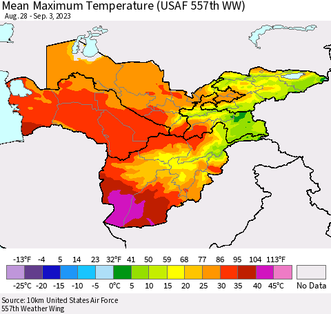 Central Asia Mean Maximum Temperature (USAF 557th WW) Thematic Map For 8/28/2023 - 9/3/2023