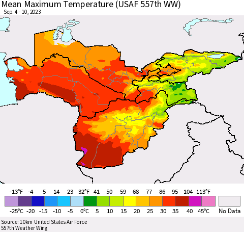 Central Asia Mean Maximum Temperature (USAF 557th WW) Thematic Map For 9/4/2023 - 9/10/2023