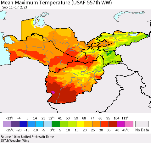 Central Asia Mean Maximum Temperature (USAF 557th WW) Thematic Map For 9/11/2023 - 9/17/2023