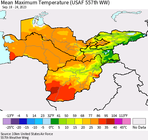 Central Asia Mean Maximum Temperature (USAF 557th WW) Thematic Map For 9/18/2023 - 9/24/2023