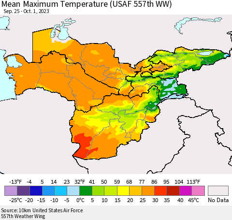 Central Asia Mean Maximum Temperature (USAF 557th WW) Thematic Map For 9/25/2023 - 10/1/2023