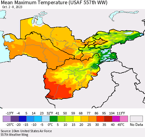 Central Asia Mean Maximum Temperature (USAF 557th WW) Thematic Map For 10/2/2023 - 10/8/2023
