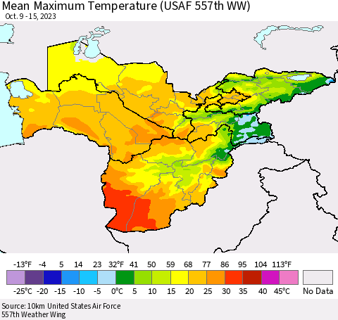 Central Asia Mean Maximum Temperature (USAF 557th WW) Thematic Map For 10/9/2023 - 10/15/2023