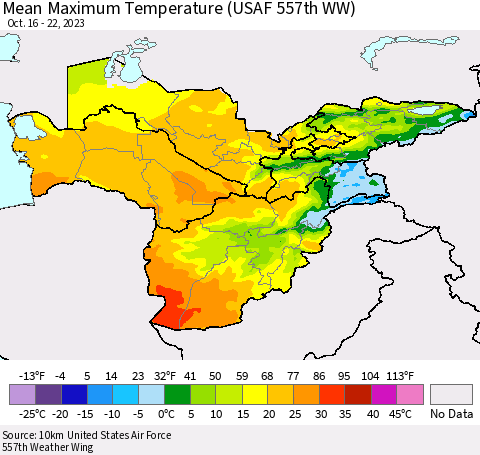 Central Asia Mean Maximum Temperature (USAF 557th WW) Thematic Map For 10/16/2023 - 10/22/2023