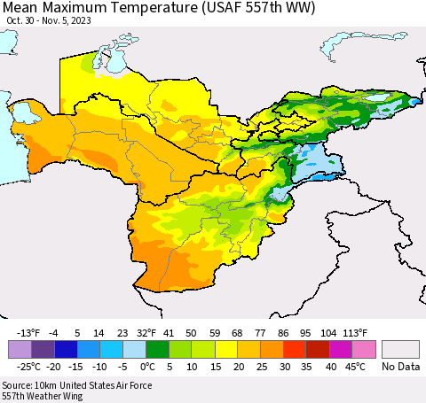 Central Asia Mean Maximum Temperature (USAF 557th WW) Thematic Map For 10/30/2023 - 11/5/2023
