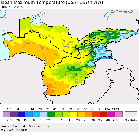 Central Asia Mean Maximum Temperature (USAF 557th WW) Thematic Map For 11/6/2023 - 11/12/2023