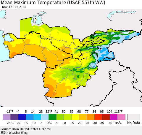 Central Asia Mean Maximum Temperature (USAF 557th WW) Thematic Map For 11/13/2023 - 11/19/2023