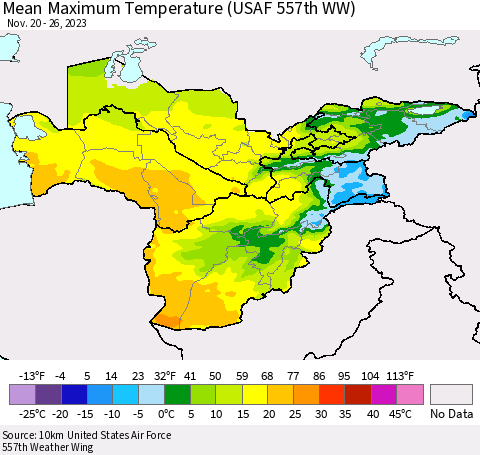 Central Asia Mean Maximum Temperature (USAF 557th WW) Thematic Map For 11/20/2023 - 11/26/2023