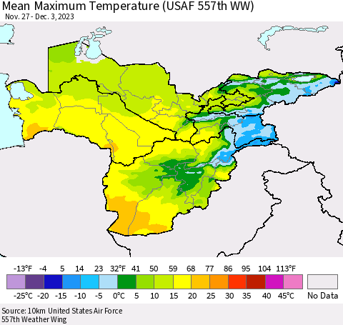 Central Asia Mean Maximum Temperature (USAF 557th WW) Thematic Map For 11/27/2023 - 12/3/2023