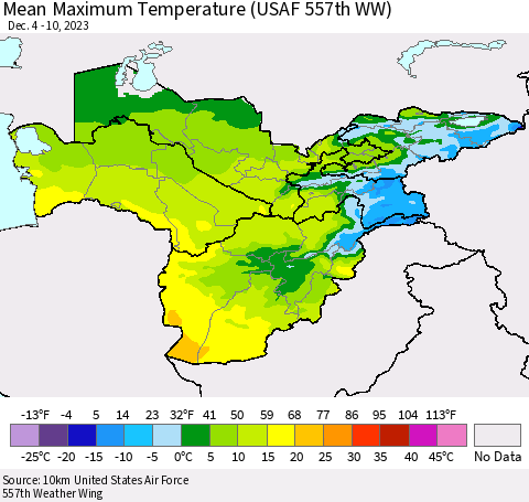 Central Asia Mean Maximum Temperature (USAF 557th WW) Thematic Map For 12/4/2023 - 12/10/2023