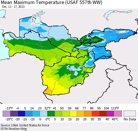 Central Asia Mean Maximum Temperature (USAF 557th WW) Thematic Map For 12/11/2023 - 12/17/2023