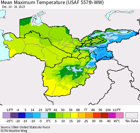 Central Asia Mean Maximum Temperature (USAF 557th WW) Thematic Map For 12/18/2023 - 12/24/2023