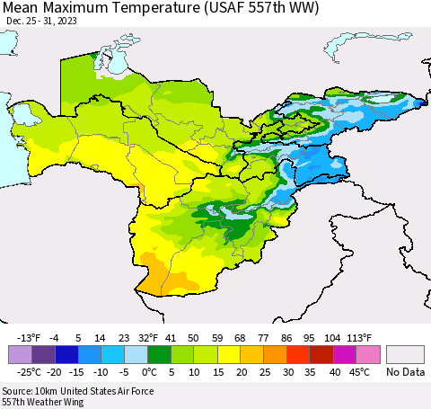 Central Asia Mean Maximum Temperature (USAF 557th WW) Thematic Map For 12/25/2023 - 12/31/2023