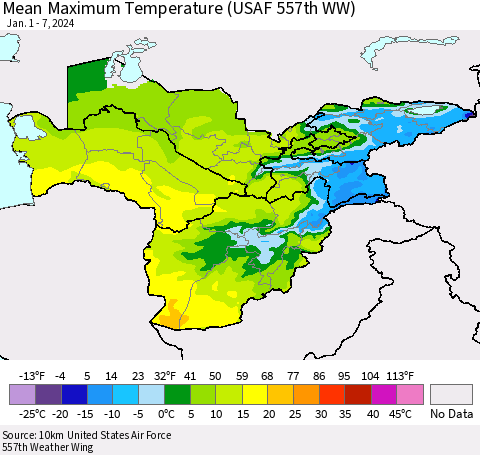 Central Asia Mean Maximum Temperature (USAF 557th WW) Thematic Map For 1/1/2024 - 1/7/2024
