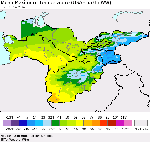 Central Asia Mean Maximum Temperature (USAF 557th WW) Thematic Map For 1/8/2024 - 1/14/2024