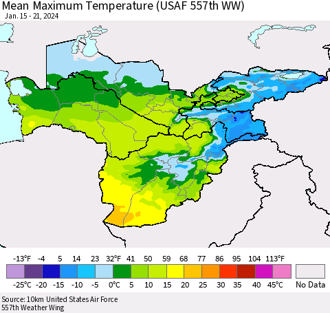 Central Asia Mean Maximum Temperature (USAF 557th WW) Thematic Map For 1/15/2024 - 1/21/2024