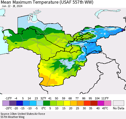 Central Asia Mean Maximum Temperature (USAF 557th WW) Thematic Map For 1/22/2024 - 1/28/2024