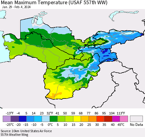 Central Asia Mean Maximum Temperature (USAF 557th WW) Thematic Map For 1/29/2024 - 2/4/2024