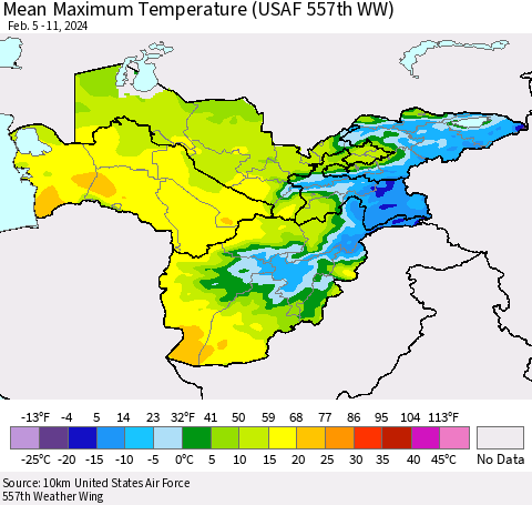 Central Asia Mean Maximum Temperature (USAF 557th WW) Thematic Map For 2/5/2024 - 2/11/2024