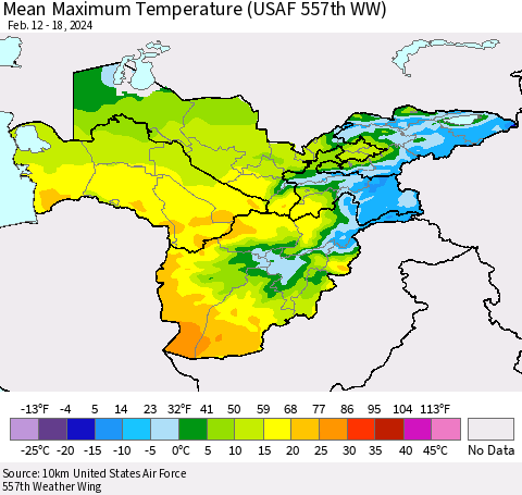 Central Asia Mean Maximum Temperature (USAF 557th WW) Thematic Map For 2/12/2024 - 2/18/2024