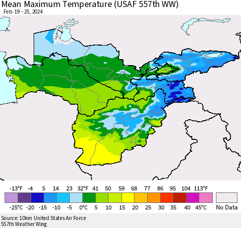Central Asia Mean Maximum Temperature (USAF 557th WW) Thematic Map For 2/19/2024 - 2/25/2024