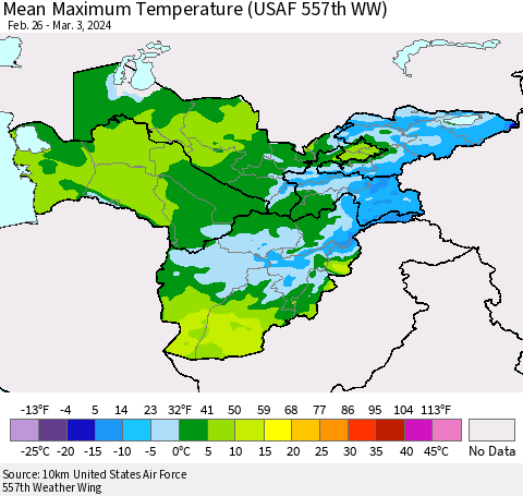 Central Asia Mean Maximum Temperature (USAF 557th WW) Thematic Map For 2/26/2024 - 3/3/2024