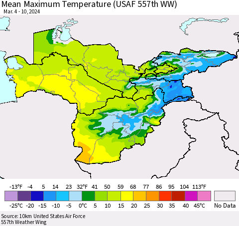 Central Asia Mean Maximum Temperature (USAF 557th WW) Thematic Map For 3/4/2024 - 3/10/2024