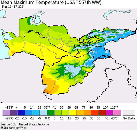 Central Asia Mean Maximum Temperature (USAF 557th WW) Thematic Map For 3/11/2024 - 3/17/2024