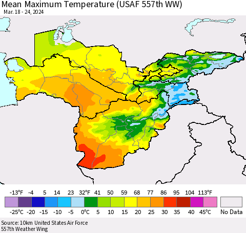 Central Asia Mean Maximum Temperature (USAF 557th WW) Thematic Map For 3/18/2024 - 3/24/2024