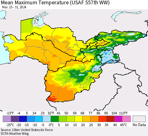 Central Asia Mean Maximum Temperature (USAF 557th WW) Thematic Map For 3/25/2024 - 3/31/2024