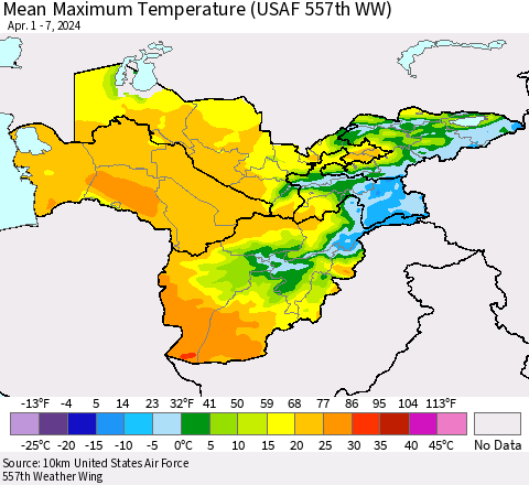 Central Asia Mean Maximum Temperature (USAF 557th WW) Thematic Map For 4/1/2024 - 4/7/2024