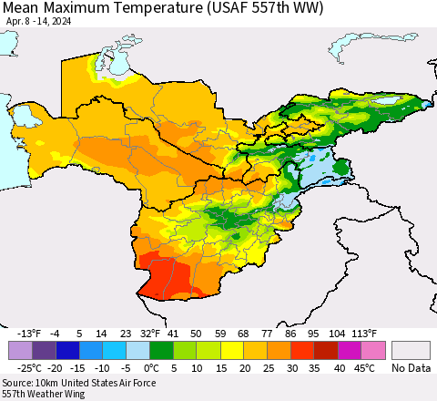 Central Asia Mean Maximum Temperature (USAF 557th WW) Thematic Map For 4/8/2024 - 4/14/2024
