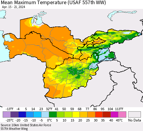 Central Asia Mean Maximum Temperature (USAF 557th WW) Thematic Map For 4/15/2024 - 4/21/2024