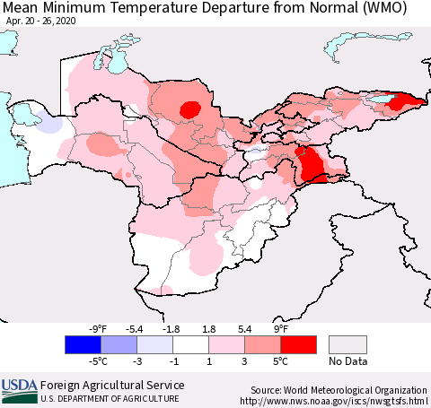 Central Asia Mean Minimum Temperature Departure from Normal (WMO) Thematic Map For 4/20/2020 - 4/26/2020