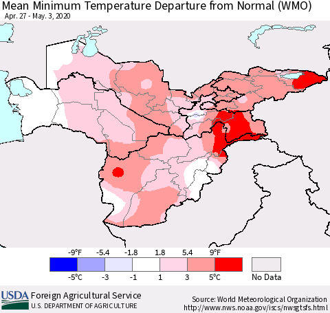 Central Asia Mean Minimum Temperature Departure from Normal (WMO) Thematic Map For 4/27/2020 - 5/3/2020