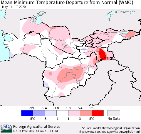 Central Asia Mean Minimum Temperature Departure from Normal (WMO) Thematic Map For 5/11/2020 - 5/17/2020